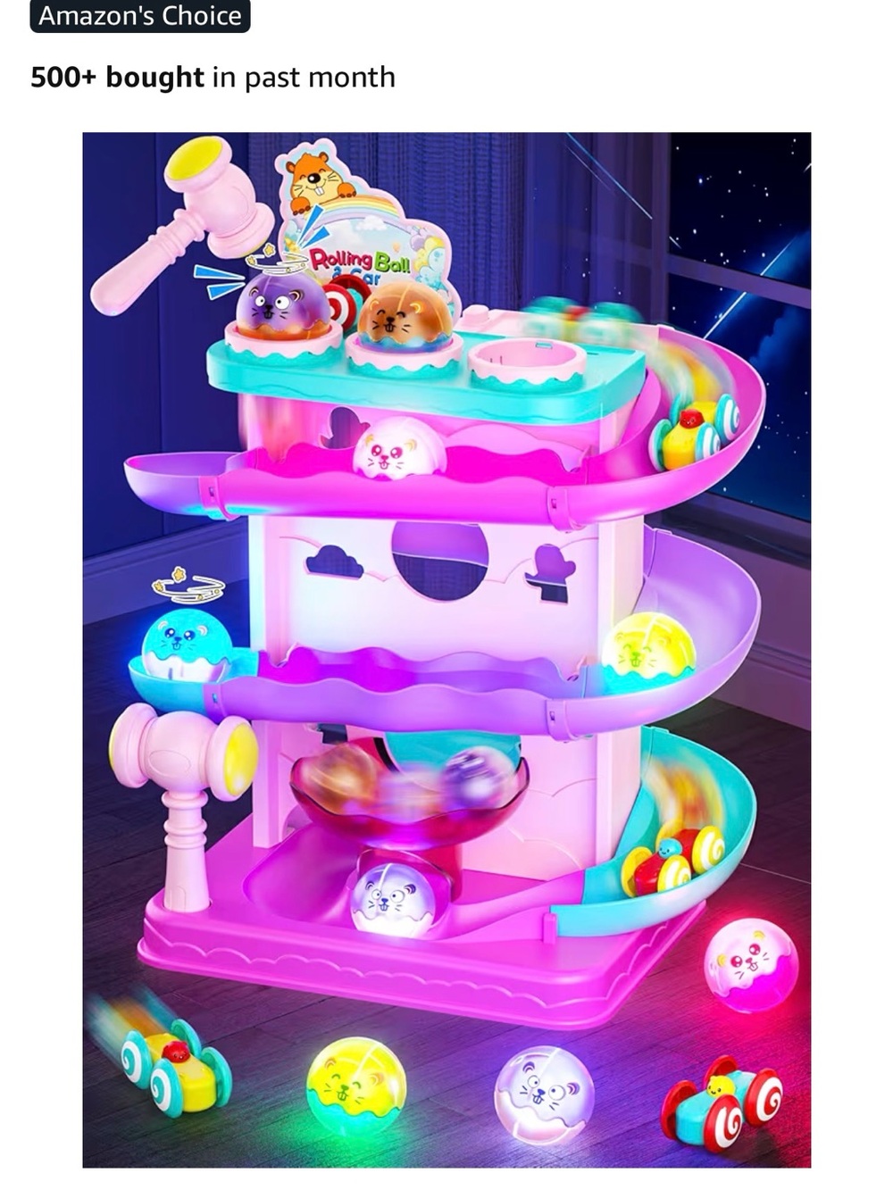 Kids Pink Rolling Ball Ramp Toy with, little cars, and balls.